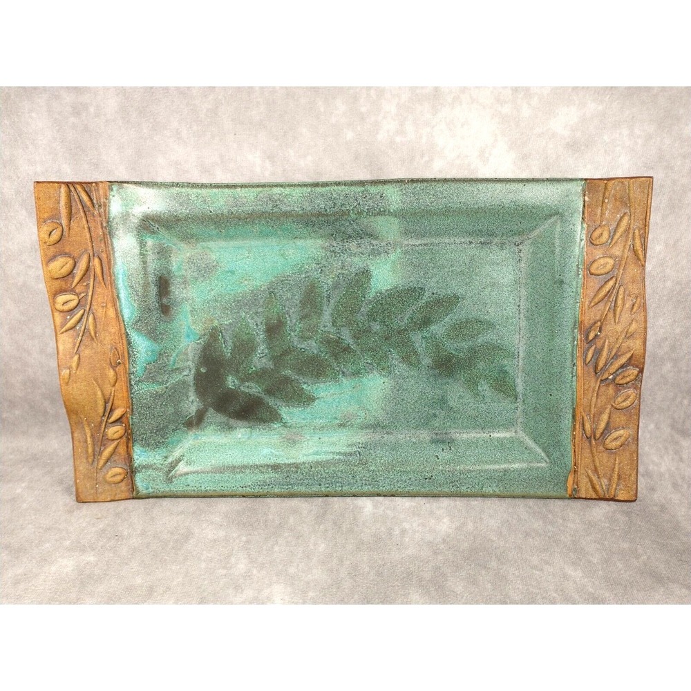 Studio Art Pottery Plate Tray Trinket Dish Green/Teal Glaze 7.5 x 13.5 in Leaves